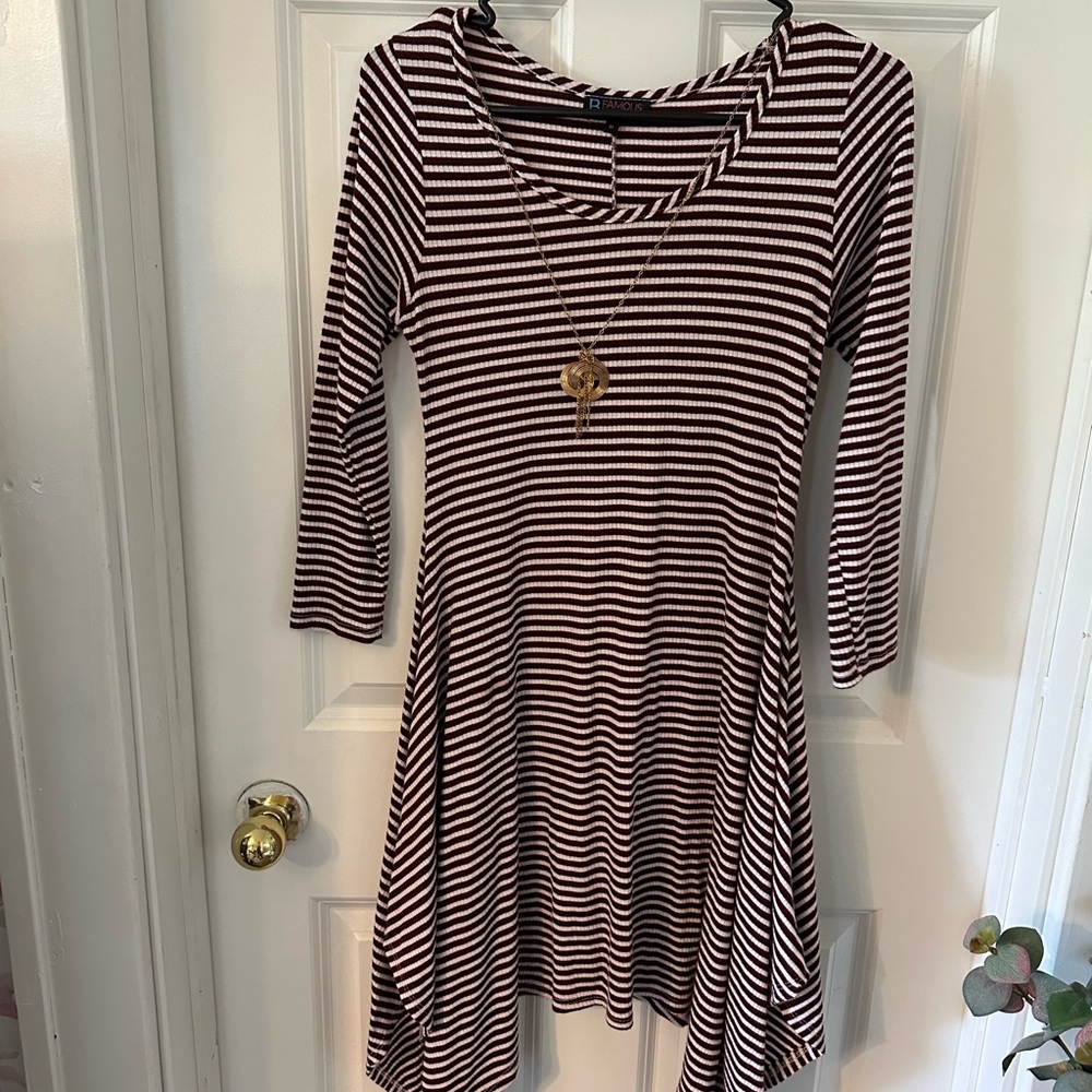 B Famous Striped Burgundy and White Dress